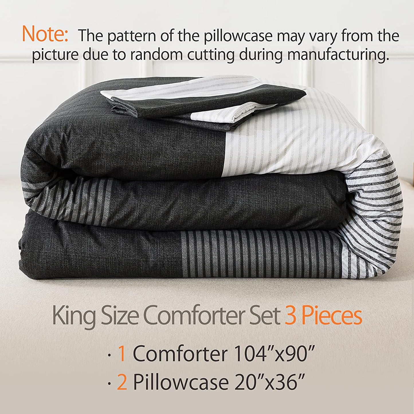 Black Comforter King Size, 3 Pieces Black White Gray Patchwork Striped Comforter (104X90 Inch), Soft Microfiber down Alternative King Comforter Bedding Sets with Corner Loops