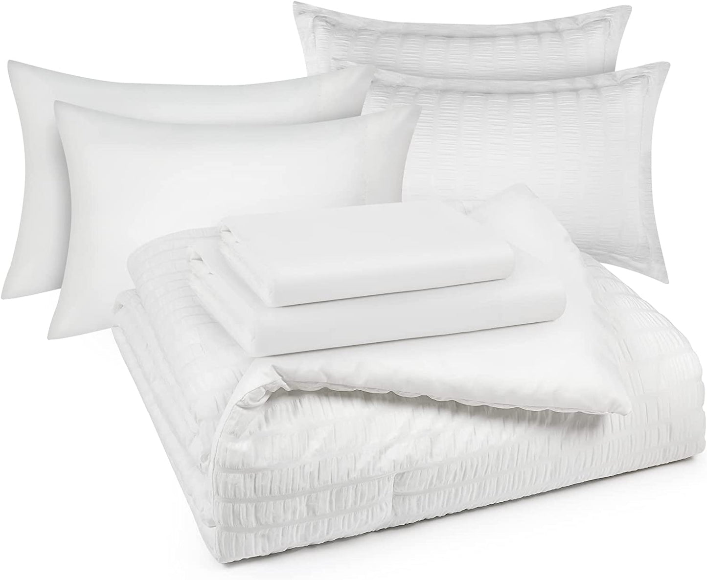 Queen Bed in a Bag White Seersucker Comforter Set with Sheets 7-Pieces All Season Bedding Sets with Comforter, Pillow Sham, Flat Sheet, Fitted Sheet and Pillowcase