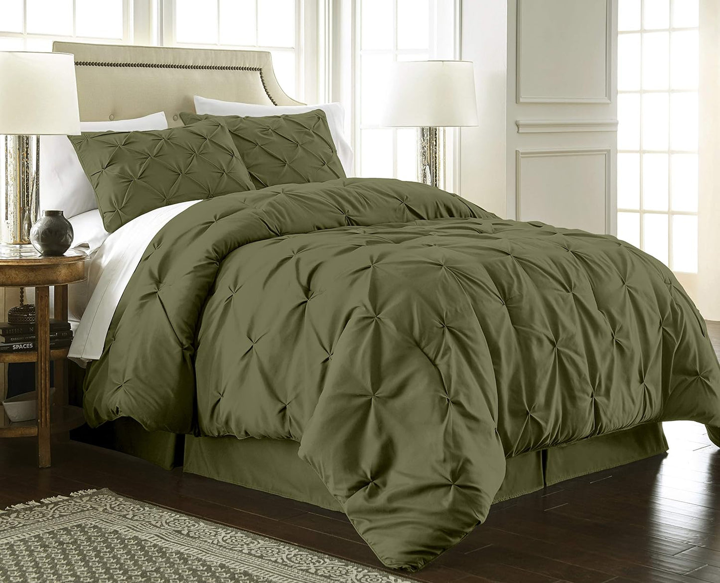 Berlin Olive Green Pinch Pleat Full Comforter Set 3-Piece (1 Comforter and 2 Pillow Shams) Soft Pintuck Lightweight All Season Microfiber Comforter Bedding Set