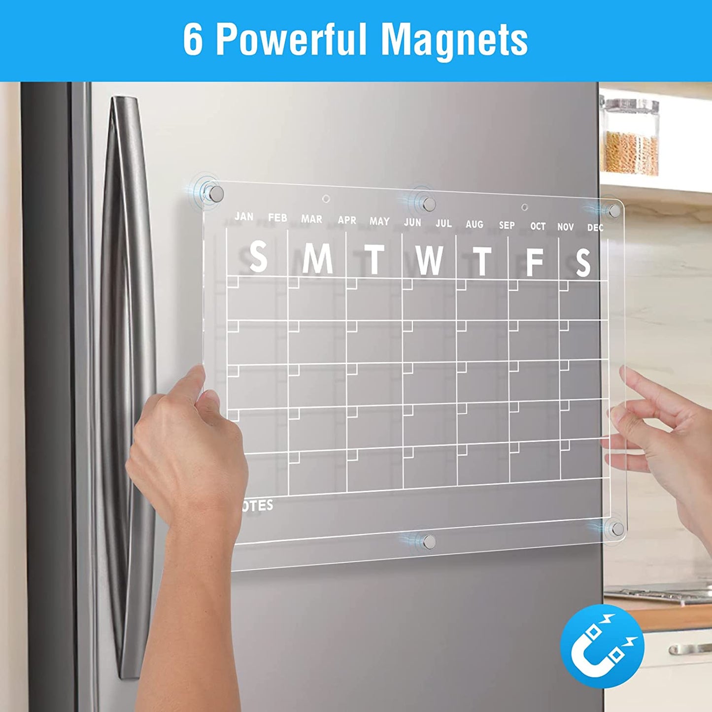 Acrylic Magnetic Dry Erase Board Calendar for Fridge, 16.5"X12" Inch Clear Dry Erase Calendar for Refrigerator, Magnetic Planning Calendar Includes 6 Colors Dry Erase Markers and Magnetic Pen Holder