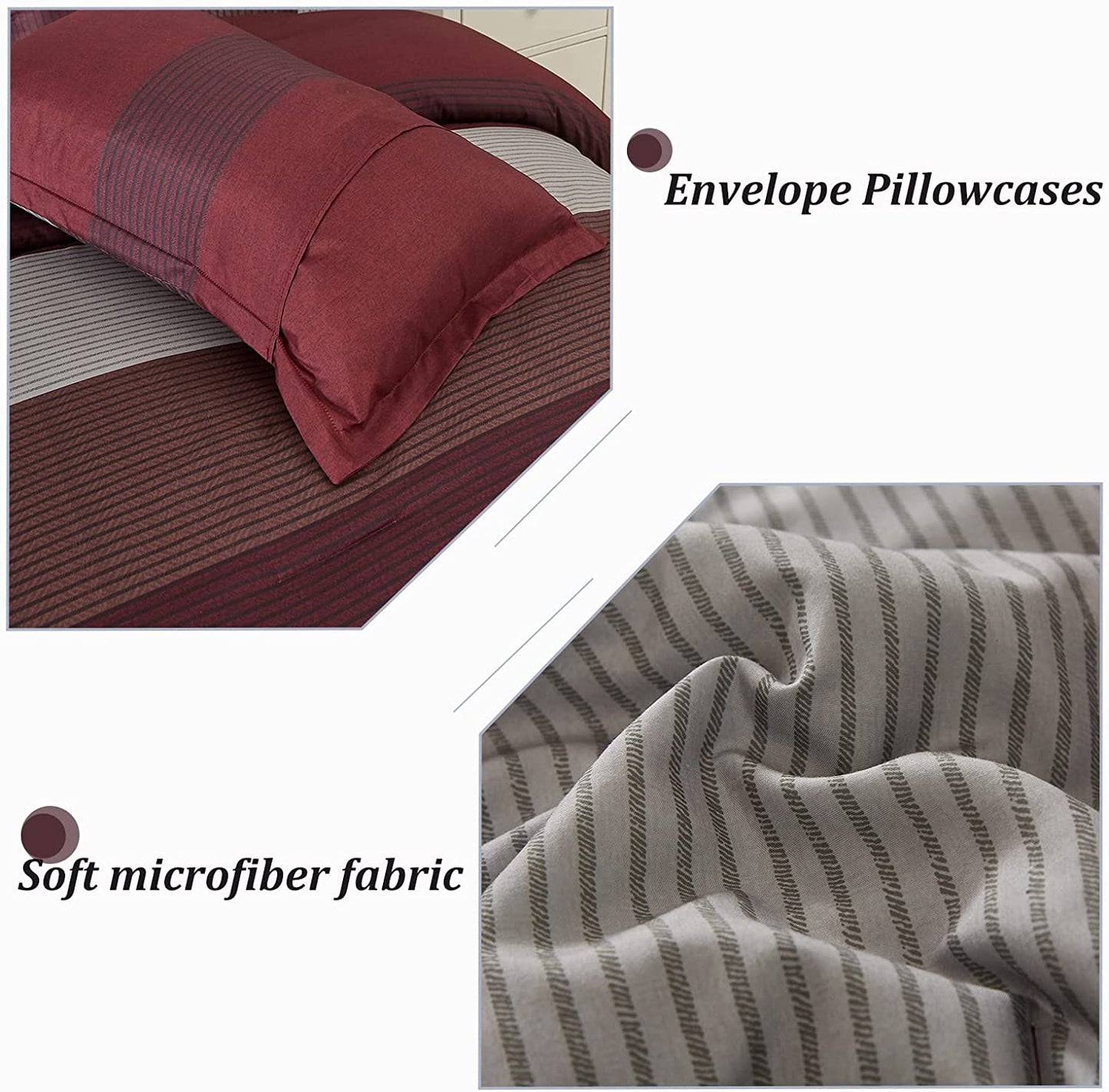 Burgundy Comforter Set Queen, Reversible Burgundy Stripe down Alternative Comforter for All Season,3 Pieces(1 Comforter+2 Pillowcases), Soft Microfiber Bedding Duvet Set 90”×90”