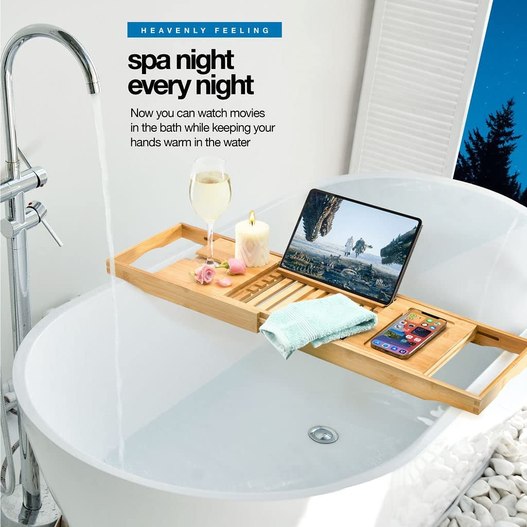 Luxury Bathtub Tray Caddy - Foldable Waterproof Bath Tray & Bath Caddy - Wooden Tub Organizer & Holder for Wine, Book, Soap, Phone Luxury Gift for Men & Women - Expandable Size, Fits Most Tubs Home It