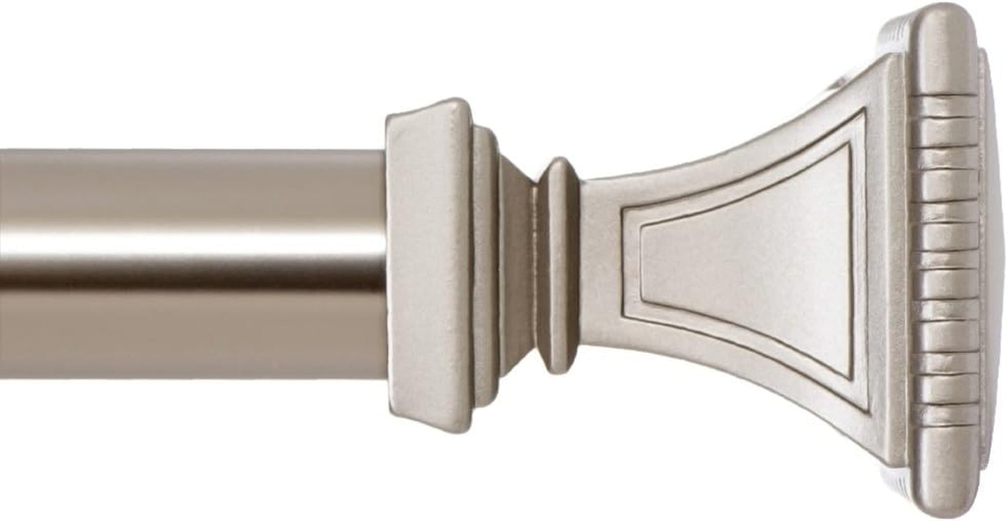 Decorative Window Curtain Rod - Carved Square Finials, 1 1/8 in Rod, 28 to 48 In. Satin Nickel