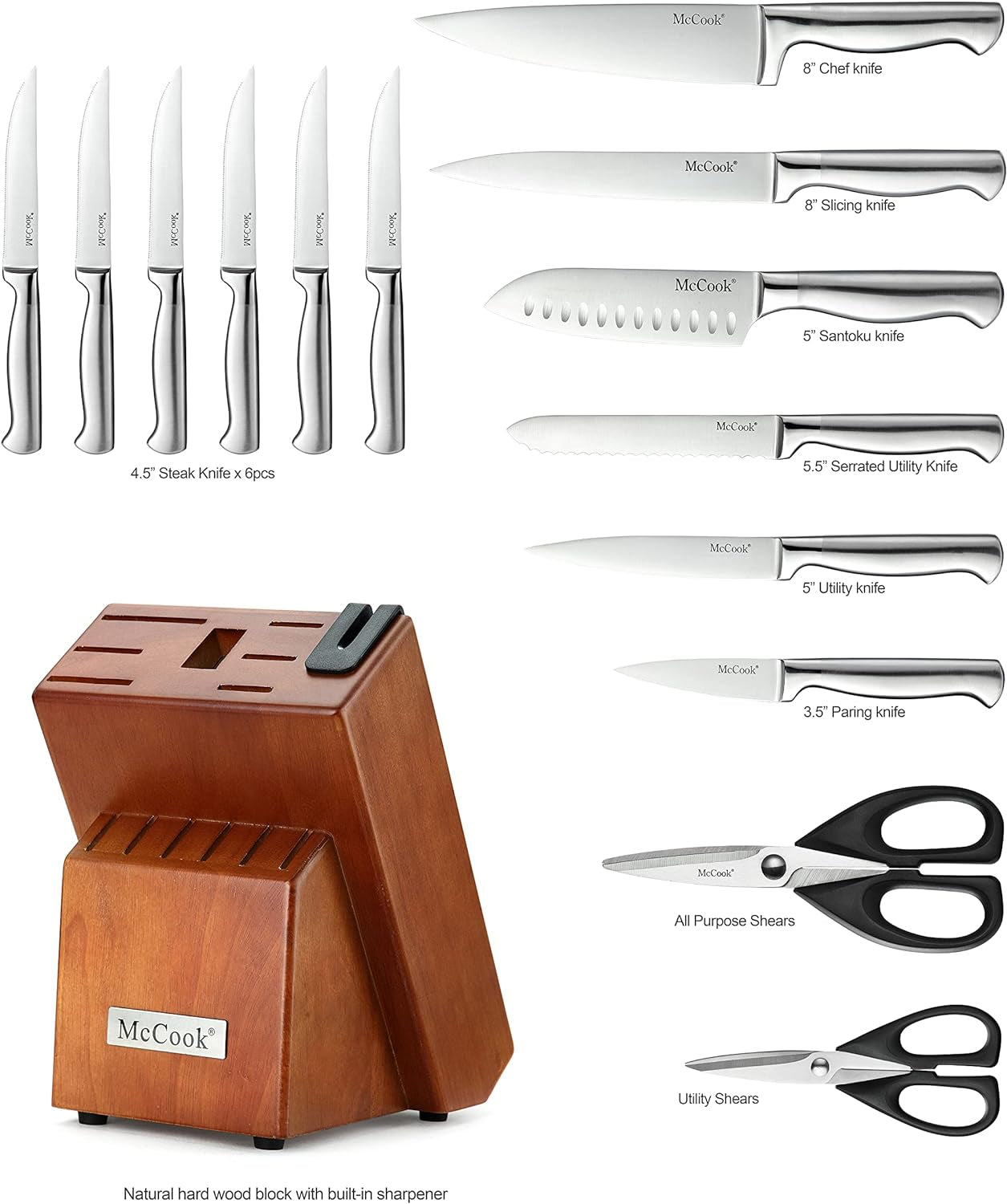 Knife Sets, German Stainless Steel Kitchen Knife Block Sets with Built-In Sharpener