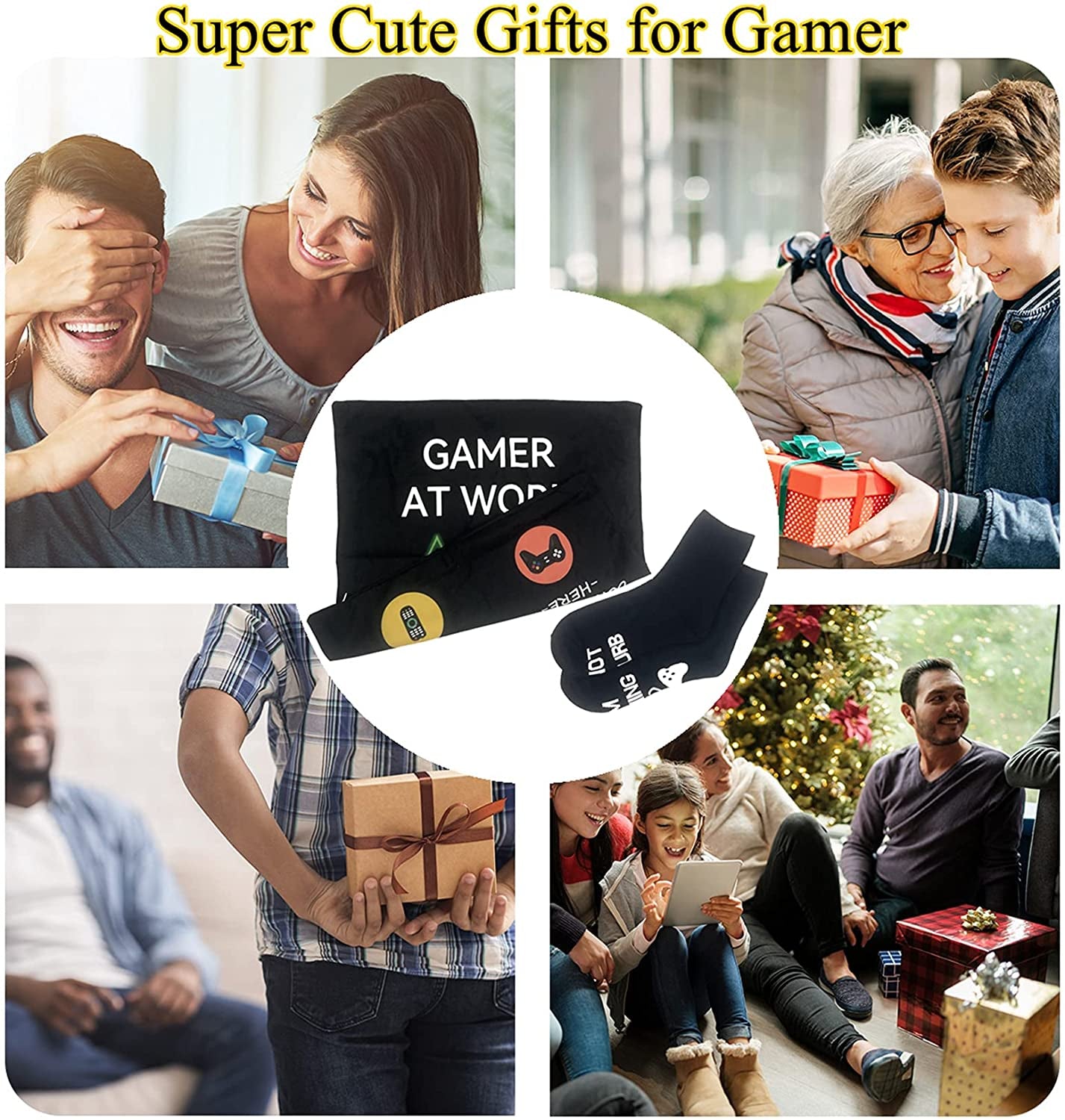 Gamer Gifts, Pocket Design Throw Pillow Covers 18 X 18 Inch + Gamer Socks, Gaming Room Décor Stocking Stuffers Easter Basket Stuffers for Teen Boys Girls Men Father Boyfriends