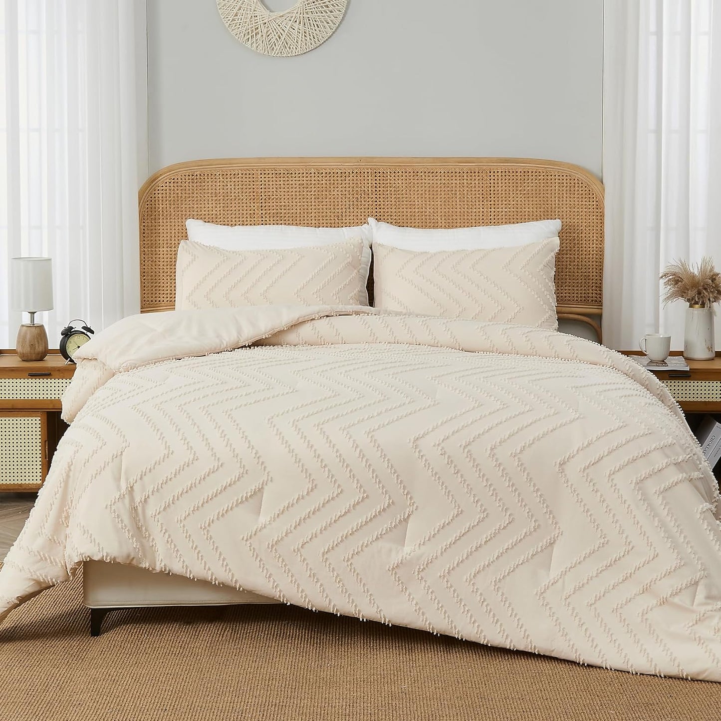 Full Size Comforter Sets, Beige Boho Cream Soft Warm Tufted Neutral Bedding Comforter Sets for Full Size Bed, 3 Pieces Aesthetic Chevron Farmhouse Cute Bohemian Textured Bedding Set