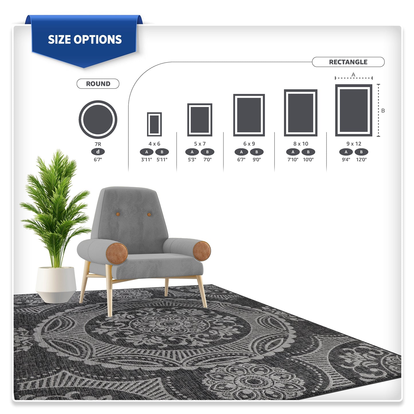 Beverly Rug Dark Grey Medallion Indoor Outdoor Rug, outside Carpet for Patio, Deck, Porch