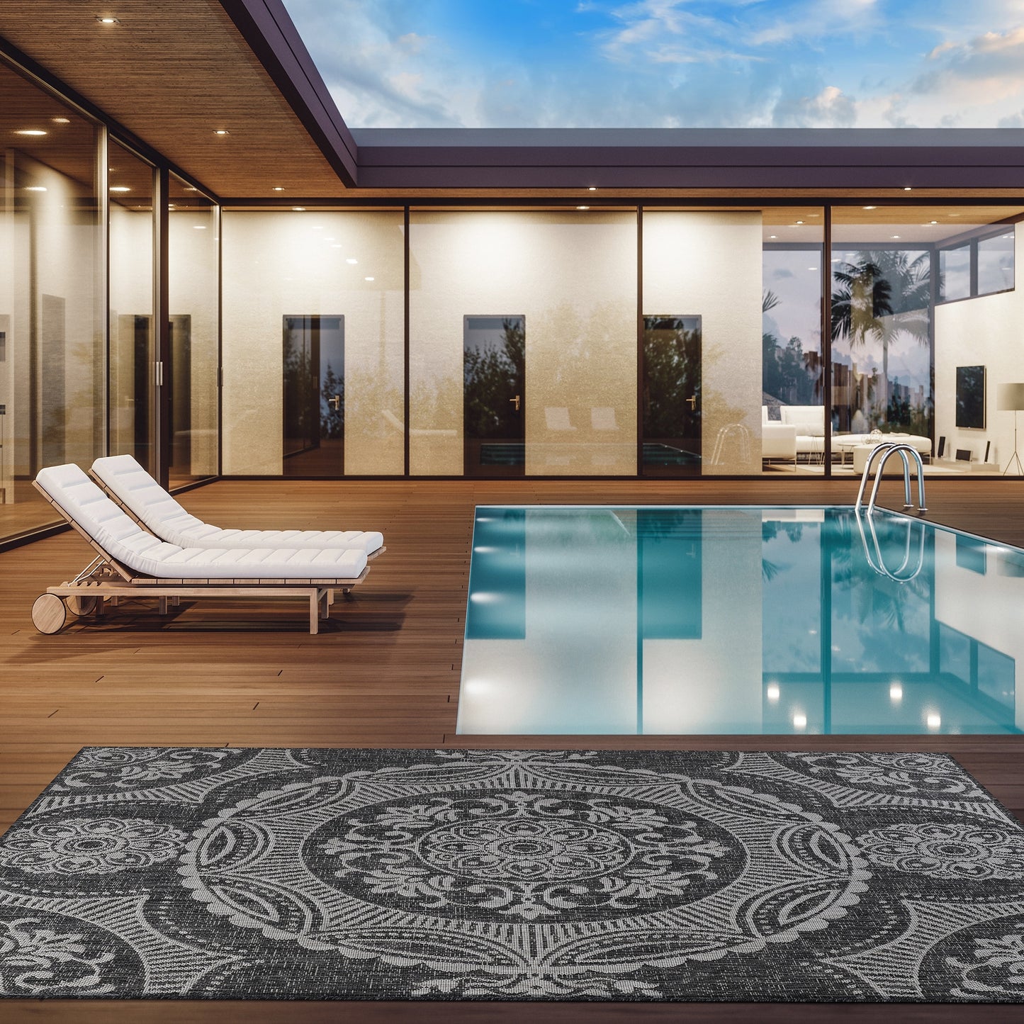 Beverly Rug Dark Grey Medallion Indoor Outdoor Rug, outside Carpet for Patio, Deck, Porch