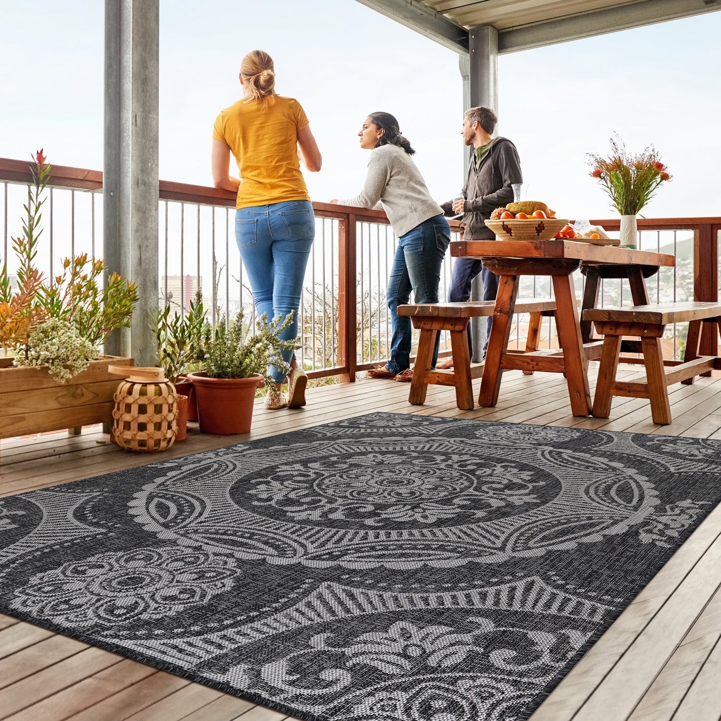 Beverly Rug Dark Grey Medallion Indoor Outdoor Rug, outside Carpet for Patio, Deck, Porch