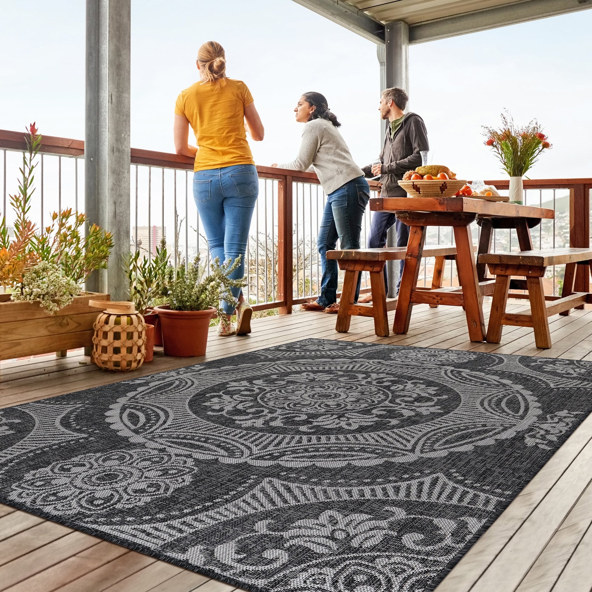 Beverly Rug Dark Grey Medallion Indoor Outdoor Rug, outside Carpet for Patio, Deck, Porch