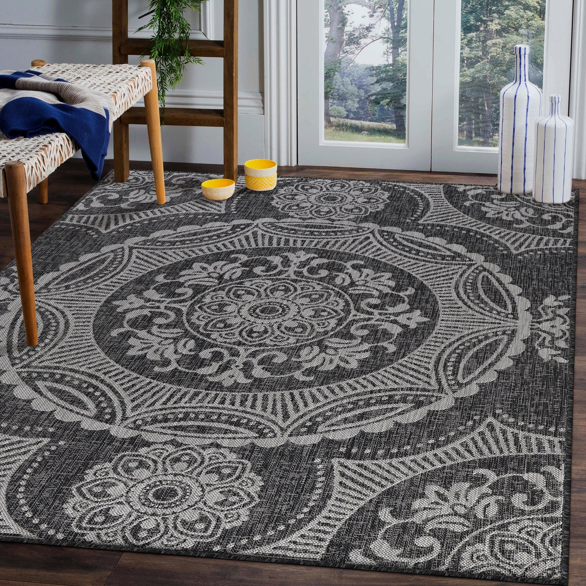 Beverly Rug Dark Grey Medallion Indoor Outdoor Rug, outside Carpet for Patio, Deck, Porch
