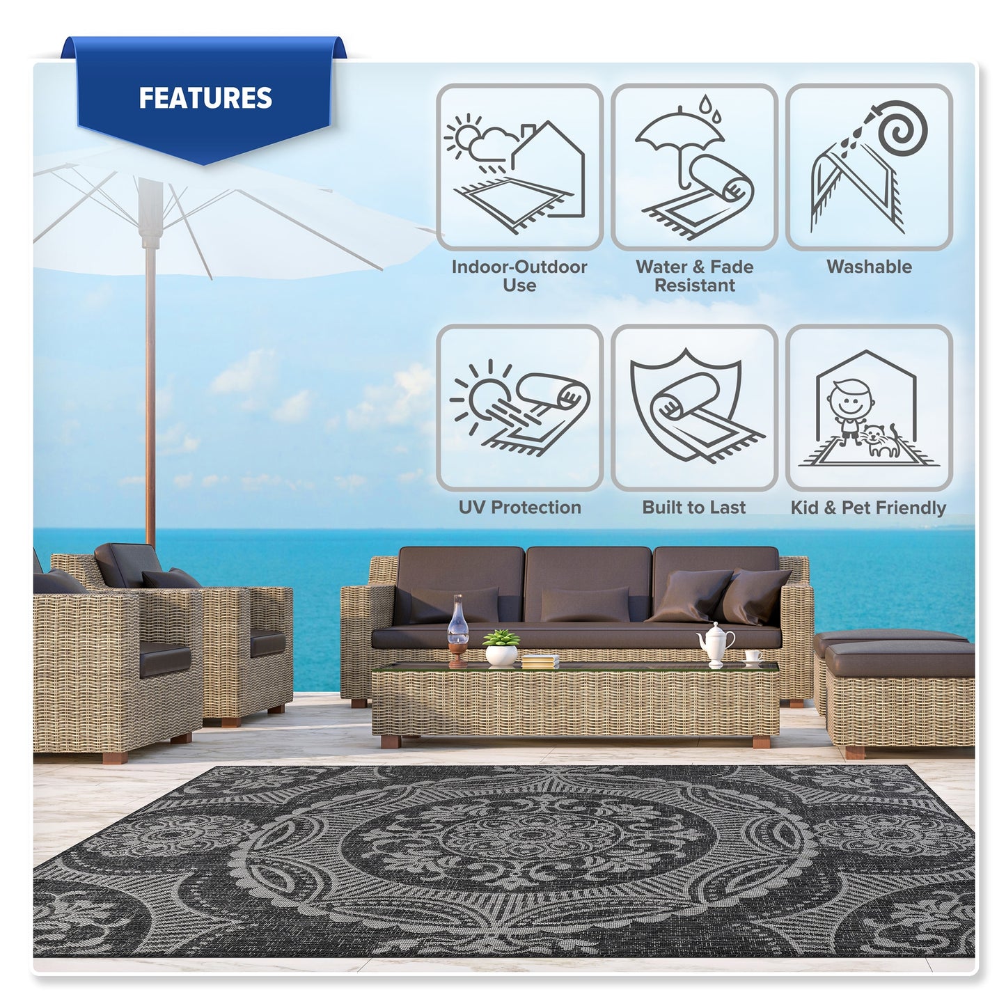 Beverly Rug Dark Grey Medallion Indoor Outdoor Rug, outside Carpet for Patio, Deck, Porch