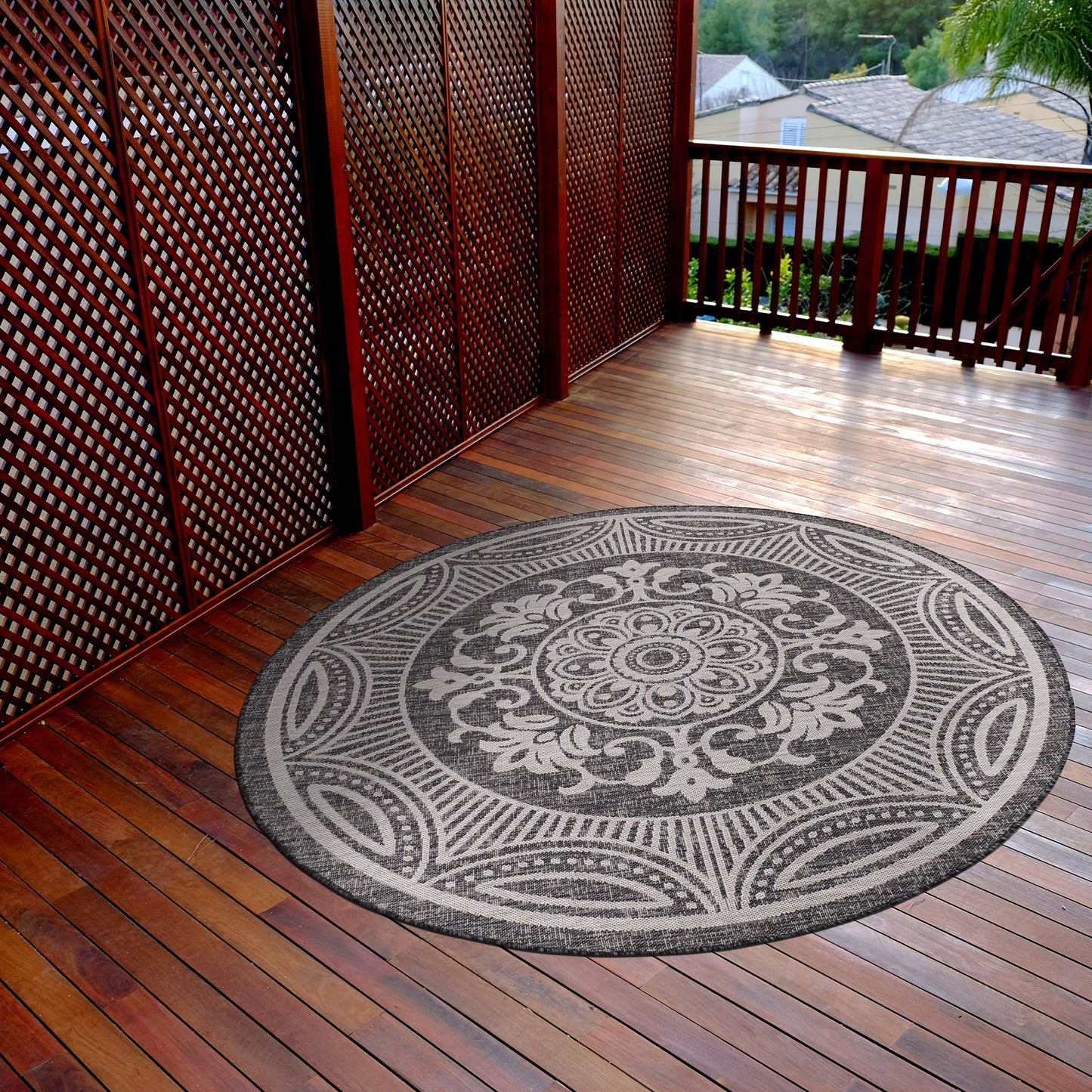 Beverly Rug Dark Grey Medallion Indoor Outdoor Rug, outside Carpet for Patio, Deck, Porch