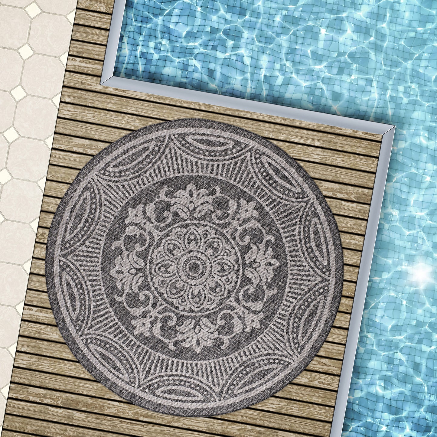 Beverly Rug Dark Grey Medallion Indoor Outdoor Rug, outside Carpet for Patio, Deck, Porch