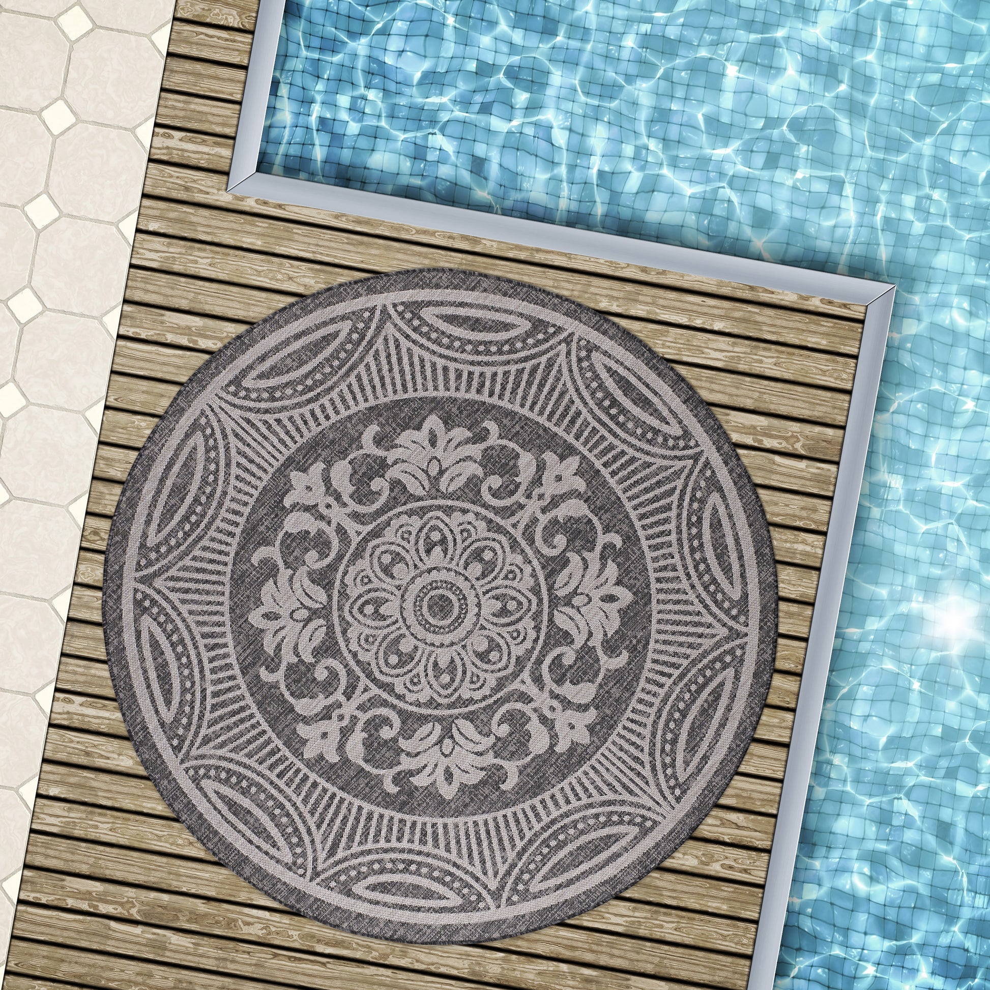 Beverly Rug Dark Grey Medallion Indoor Outdoor Rug, outside Carpet for Patio, Deck, Porch