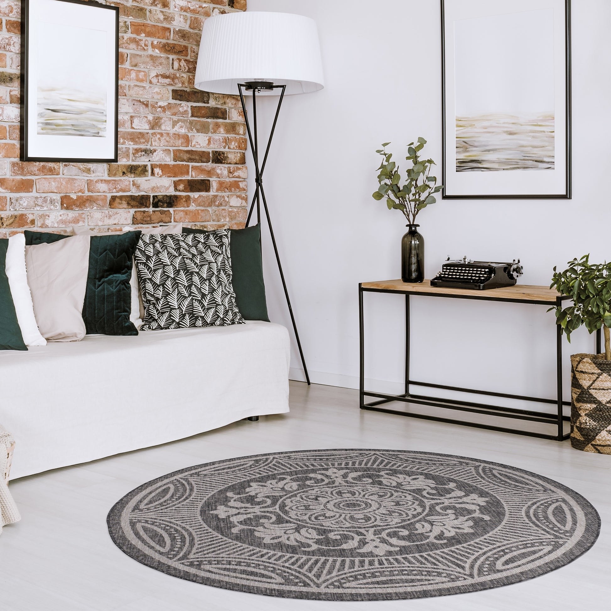 Beverly Rug Dark Grey Medallion Indoor Outdoor Rug, outside Carpet for Patio, Deck, Porch