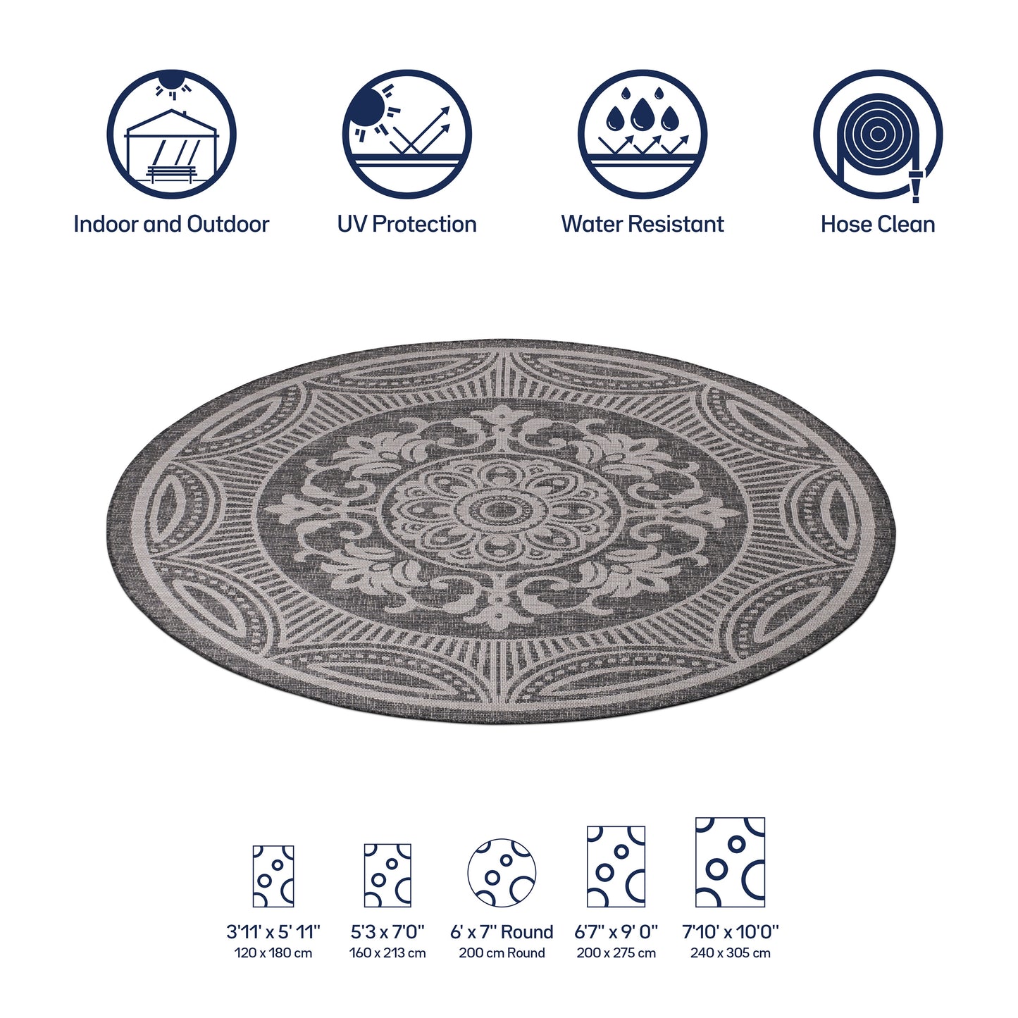 Beverly Rug Dark Grey Medallion Indoor Outdoor Rug, outside Carpet for Patio, Deck, Porch