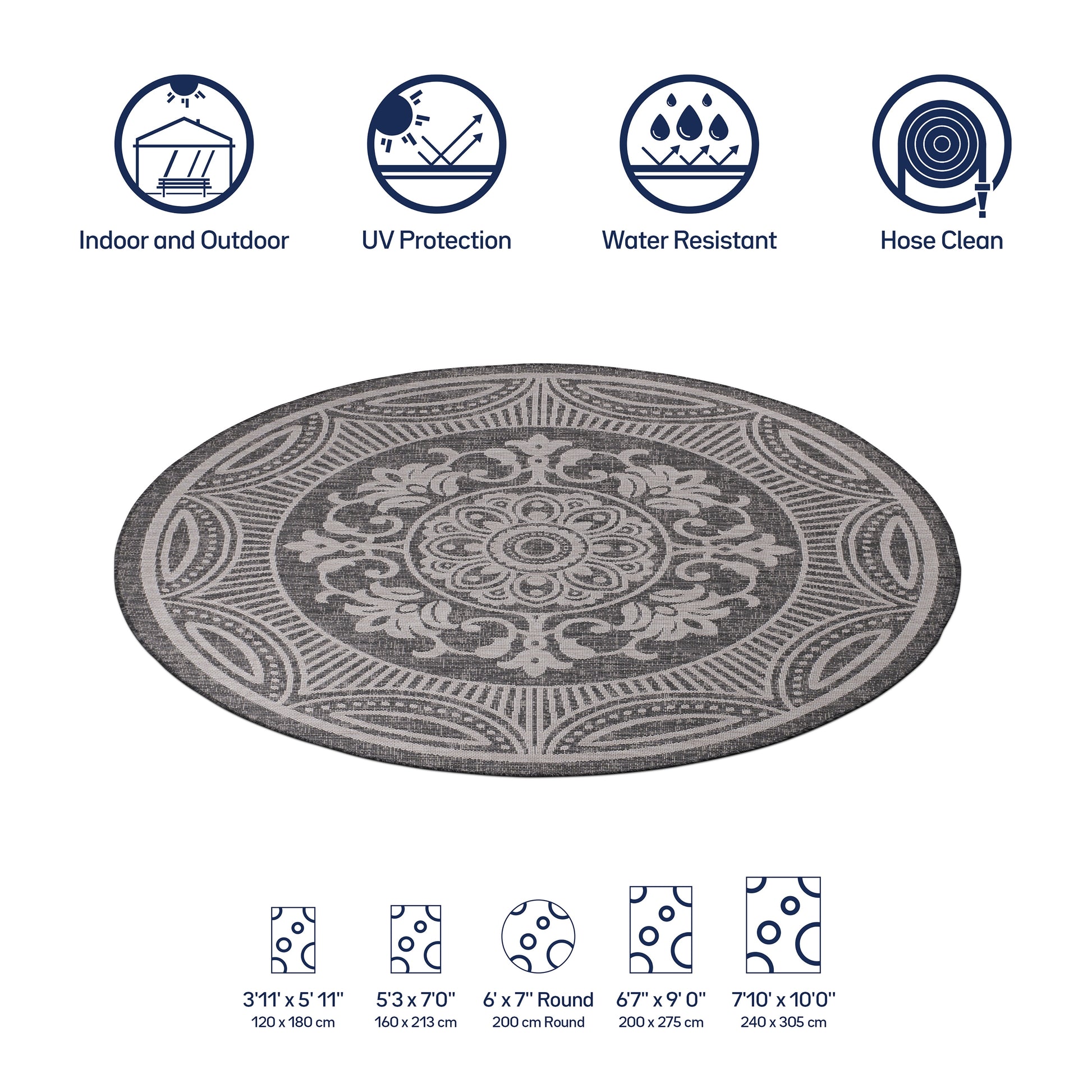 Beverly Rug Dark Grey Medallion Indoor Outdoor Rug, outside Carpet for Patio, Deck, Porch