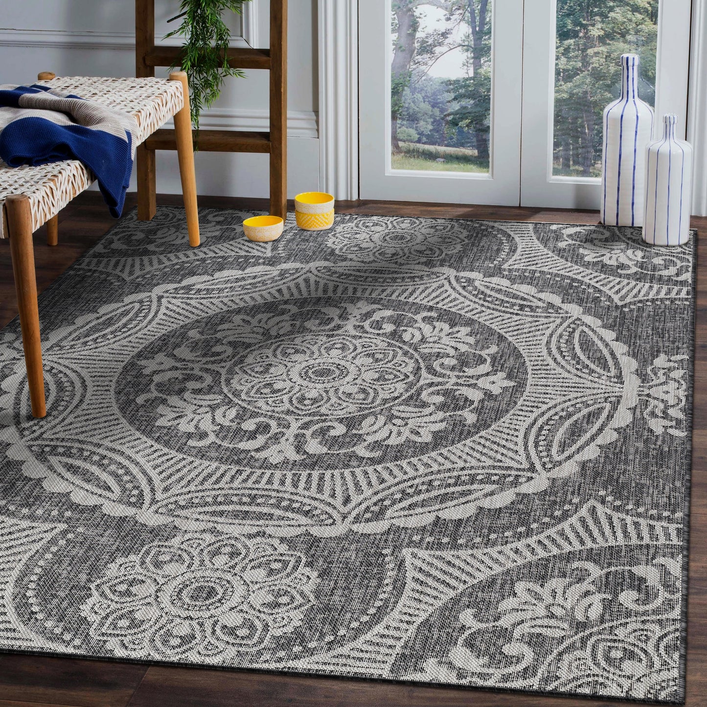 Beverly Rug Dark Grey Medallion Indoor Outdoor Rug, outside Carpet for Patio, Deck, Porch