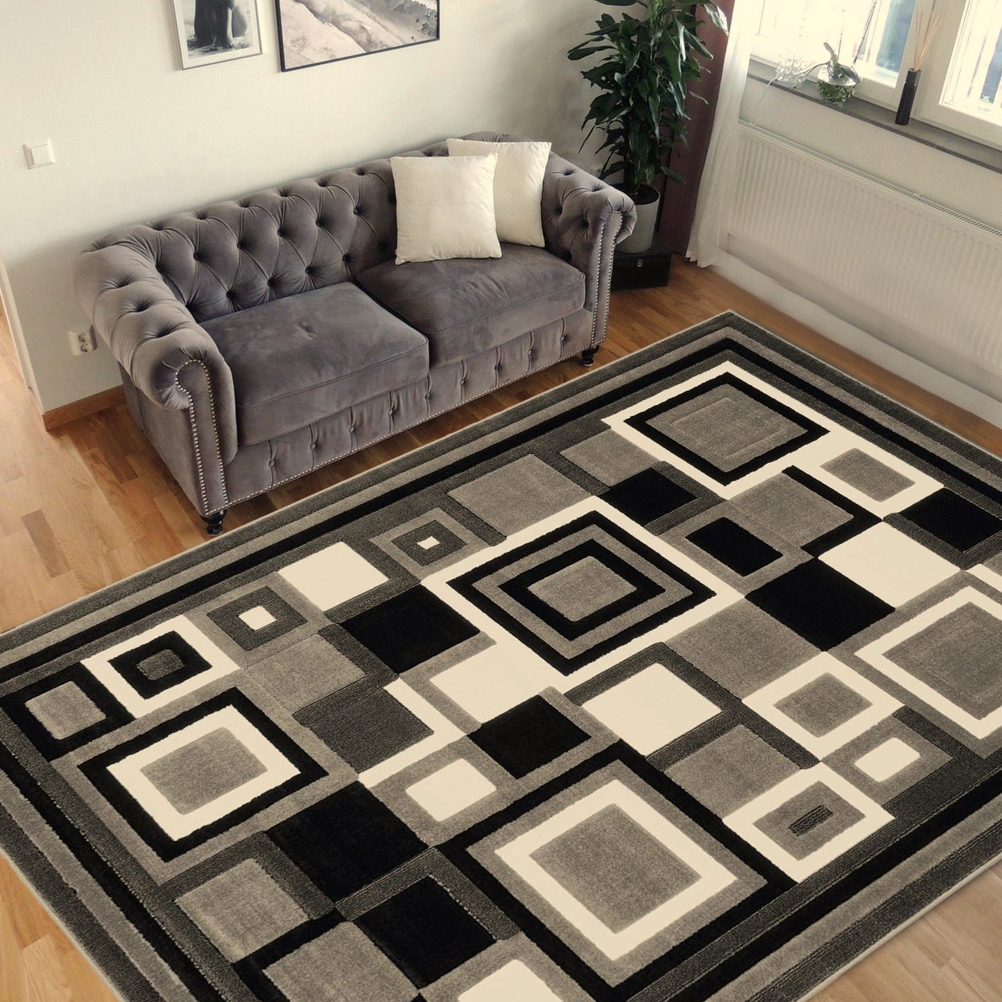 HR Gray, Black, Ivory, Multi Color Modern Contemporary Living Room Rugs-Abstract Carpet with Geometric Pattern