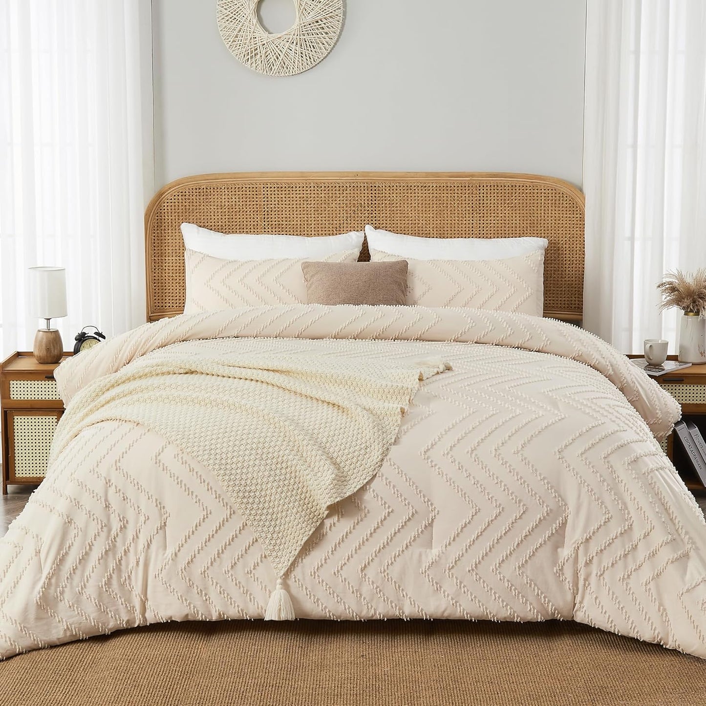 Full Size Comforter Sets, Beige Boho Cream Soft Warm Tufted Neutral Bedding Comforter Sets for Full Size Bed, 3 Pieces Aesthetic Chevron Farmhouse Cute Bohemian Textured Bedding Set