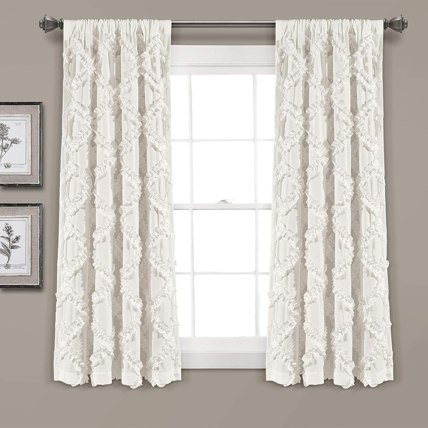 Ruffle Diamond Window Curtain Panel Pair, 63 in X 54 In, White