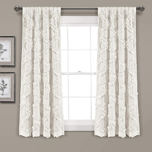 Ruffle Diamond Window Curtain Panel Pair, 63 in X 54 In, White