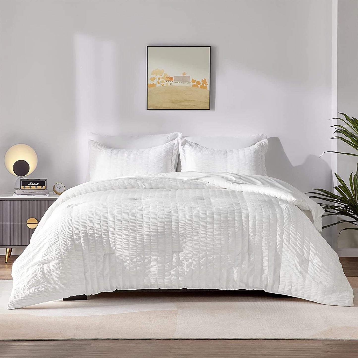Queen Bed in a Bag White Seersucker Comforter Set with Sheets 7-Pieces All Season Bedding Sets with Comforter, Pillow Sham, Flat Sheet, Fitted Sheet and Pillowcase