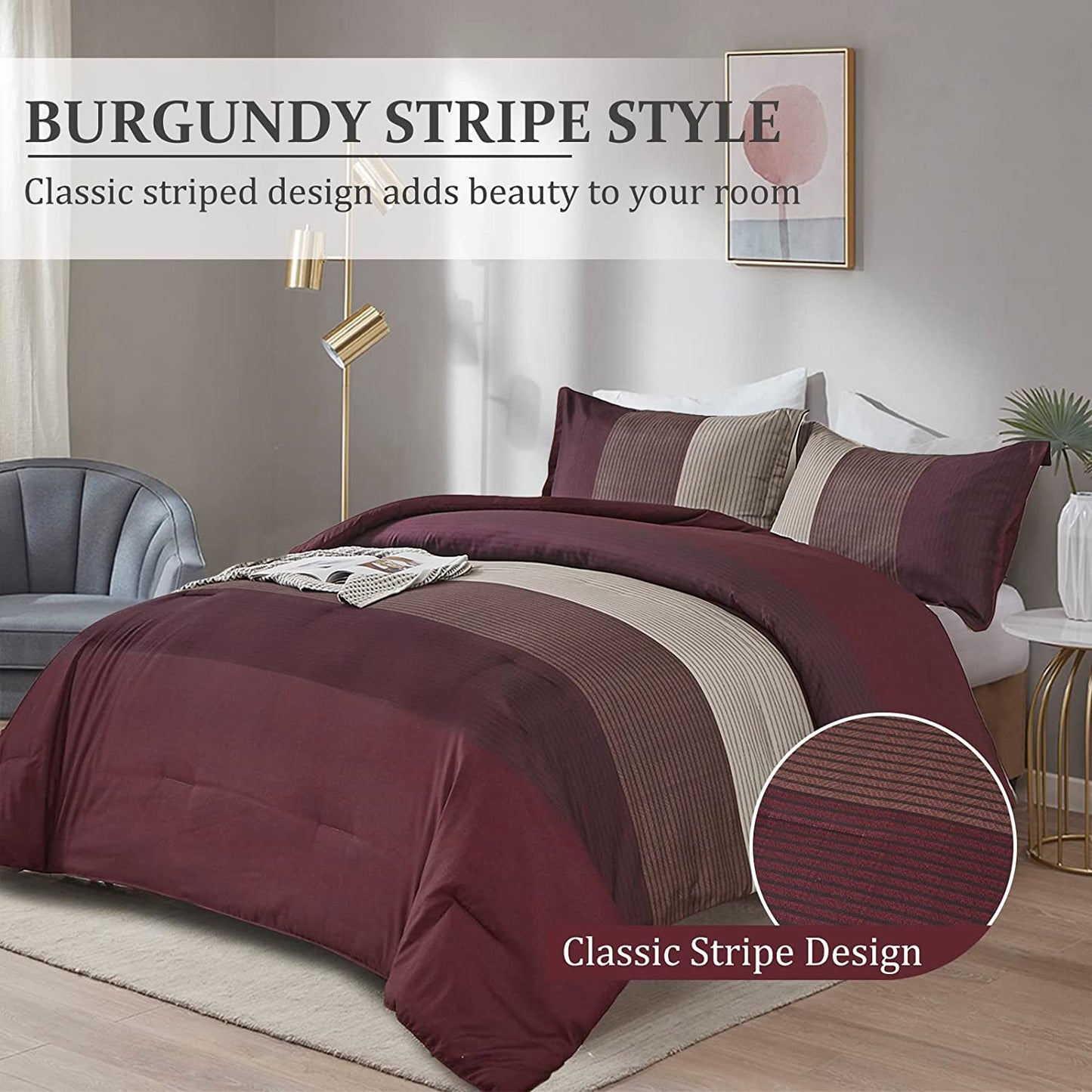 Burgundy Comforter Set Queen, Reversible Burgundy Stripe down Alternative Comforter for All Season,3 Pieces(1 Comforter+2 Pillowcases), Soft Microfiber Bedding Duvet Set 90”×90”