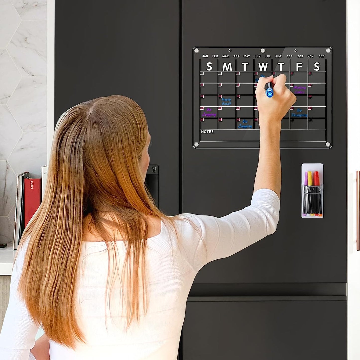 Acrylic Magnetic Dry Erase Board Calendar for Fridge, 16.5"X12" Inch Clear Dry Erase Calendar for Refrigerator, Magnetic Planning Calendar Includes 6 Colors Dry Erase Markers and Magnetic Pen Holder