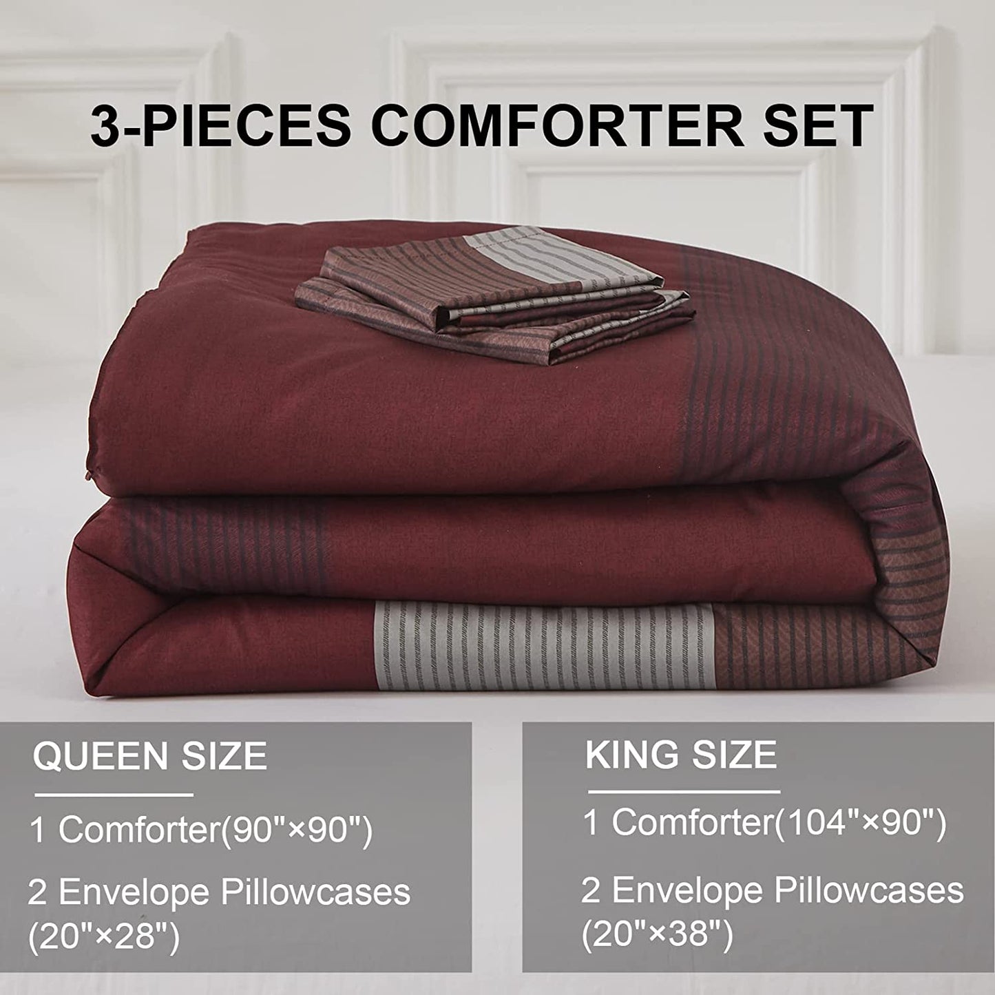 Burgundy Comforter Set Queen, Reversible Burgundy Stripe down Alternative Comforter for All Season,3 Pieces(1 Comforter+2 Pillowcases), Soft Microfiber Bedding Duvet Set 90”×90”