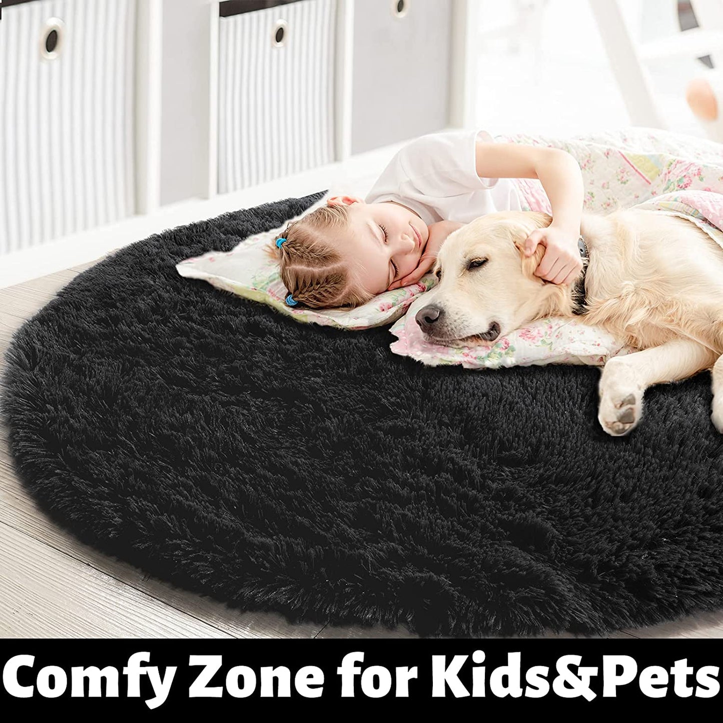 Fluffy Round/Circle Rug 4'X4' ,Black Furry Carpet for Teen'S Room,Shaggy Circular Fuzzy Plush Rug for Bedroom Kids Nursery Room, for Dorm,Black ,Cute Room Decor for Baby