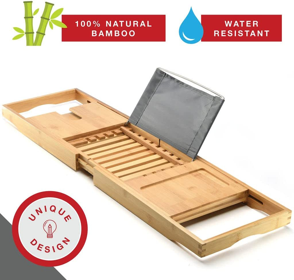 Luxury Bathtub Tray Caddy - Foldable Waterproof Bath Tray & Bath Caddy - Wooden Tub Organizer & Holder for Wine, Book, Soap, Phone Luxury Gift for Men & Women - Expandable Size, Fits Most Tubs Home It