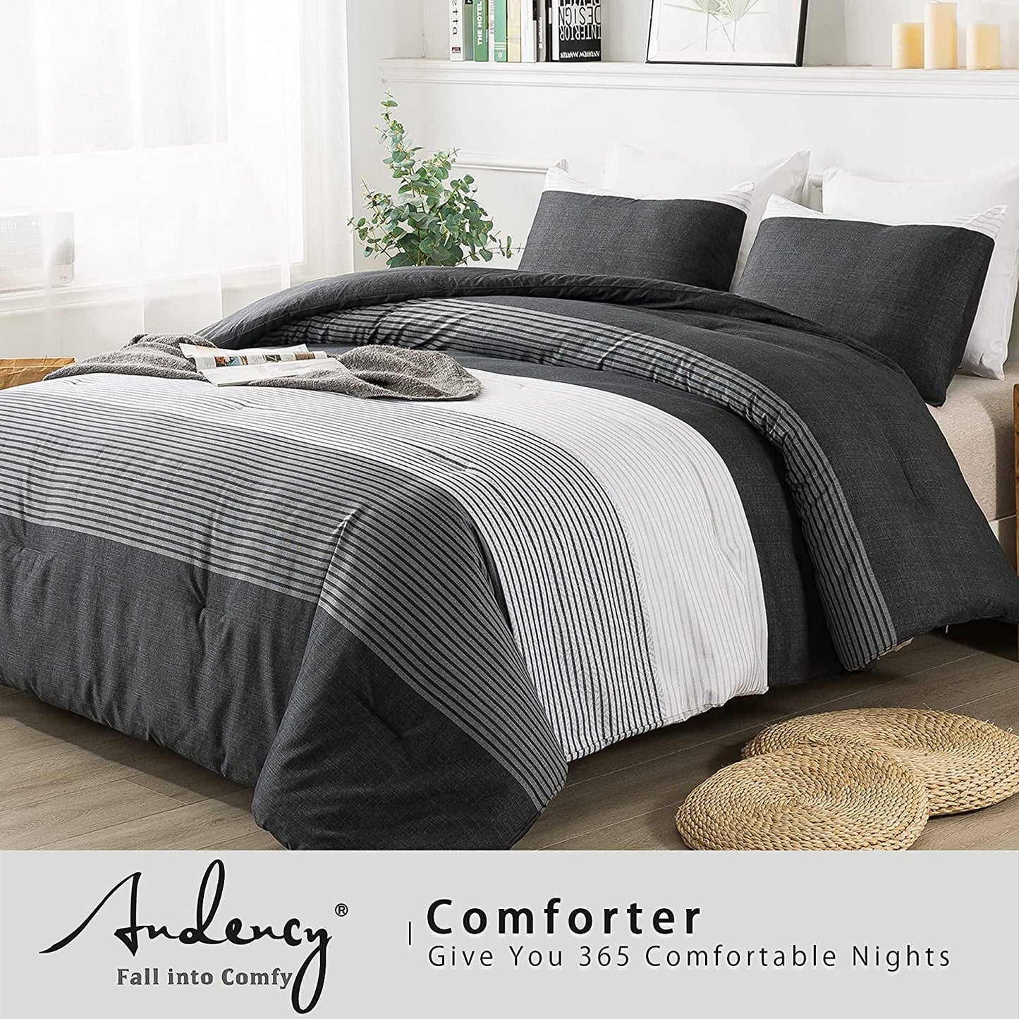 Black Comforter King Size, 3 Pieces Black White Gray Patchwork Striped Comforter (104X90 Inch), Soft Microfiber down Alternative King Comforter Bedding Sets with Corner Loops