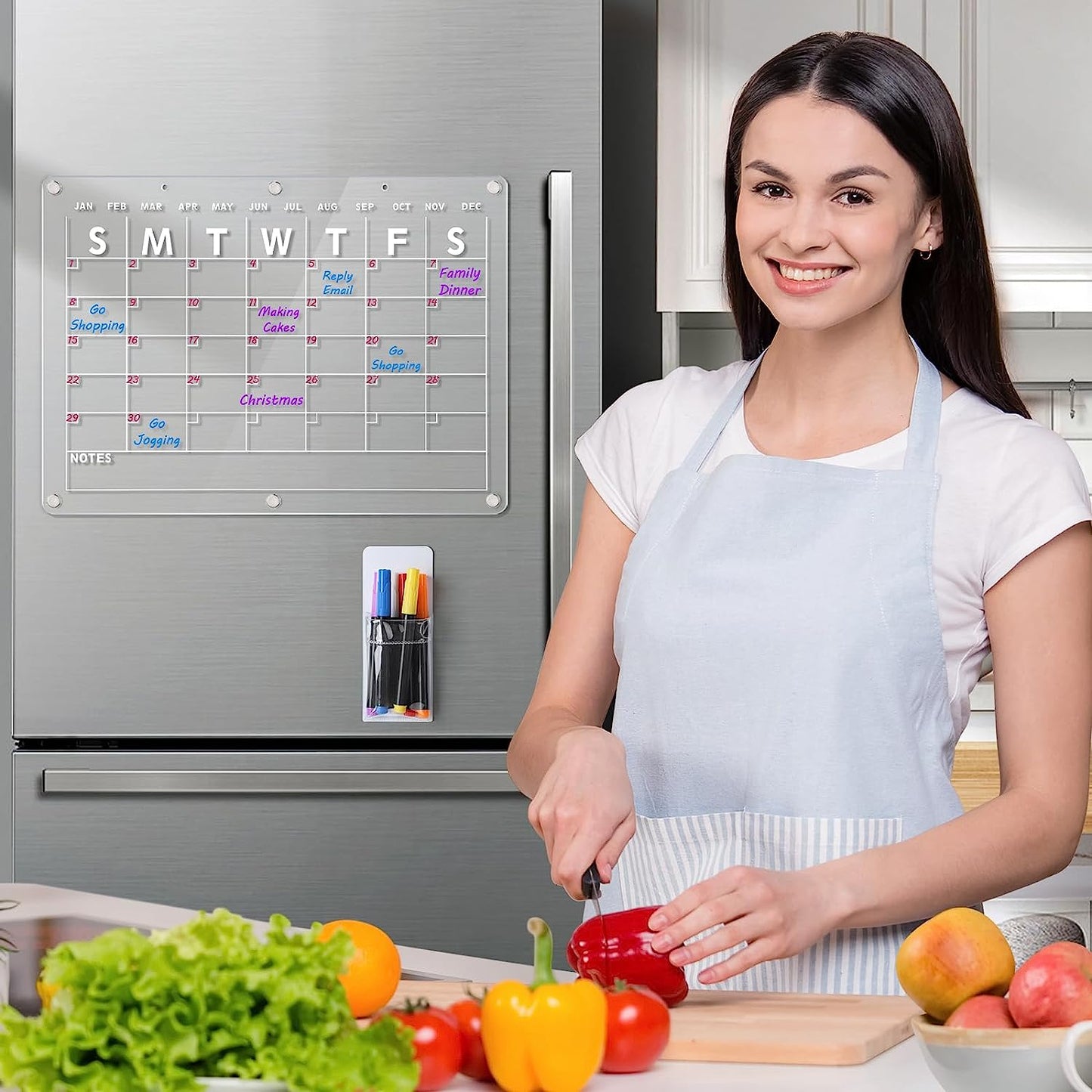 Acrylic Magnetic Dry Erase Board Calendar for Fridge, 16.5"X12" Inch Clear Dry Erase Calendar for Refrigerator, Magnetic Planning Calendar Includes 6 Colors Dry Erase Markers and Magnetic Pen Holder