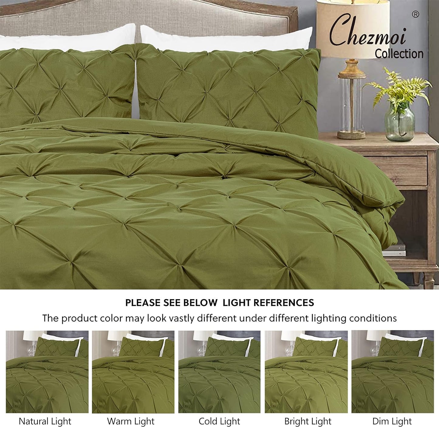 Berlin Olive Green Pinch Pleat Full Comforter Set 3-Piece (1 Comforter and 2 Pillow Shams) Soft Pintuck Lightweight All Season Microfiber Comforter Bedding Set