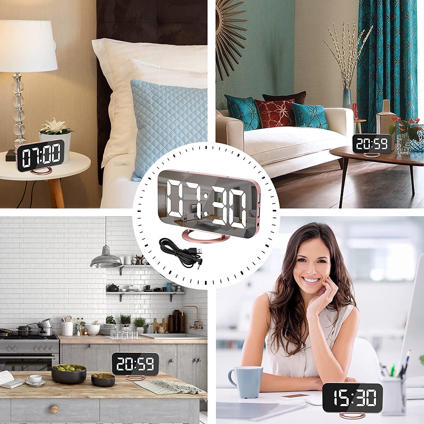 Alarm Clock for Bedroom,Led and Mirror Digital Clock Large Display,With Dual USB Charger Ports,Auto Dim,Snooze Mode,Modern Desk/Wall Electronic Clock for Girl Woman Mom Teens - Rose Gold