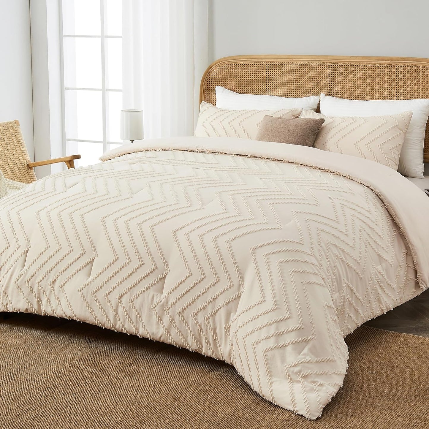 Full Size Comforter Sets, Beige Boho Cream Soft Warm Tufted Neutral Bedding Comforter Sets for Full Size Bed, 3 Pieces Aesthetic Chevron Farmhouse Cute Bohemian Textured Bedding Set