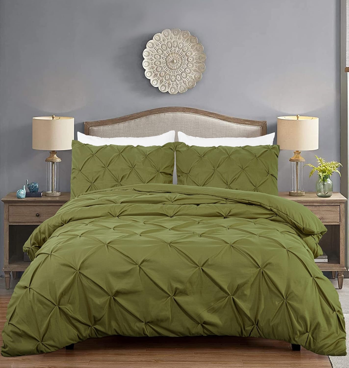 Berlin Olive Green Pinch Pleat Full Comforter Set 3-Piece (1 Comforter and 2 Pillow Shams) Soft Pintuck Lightweight All Season Microfiber Comforter Bedding Set