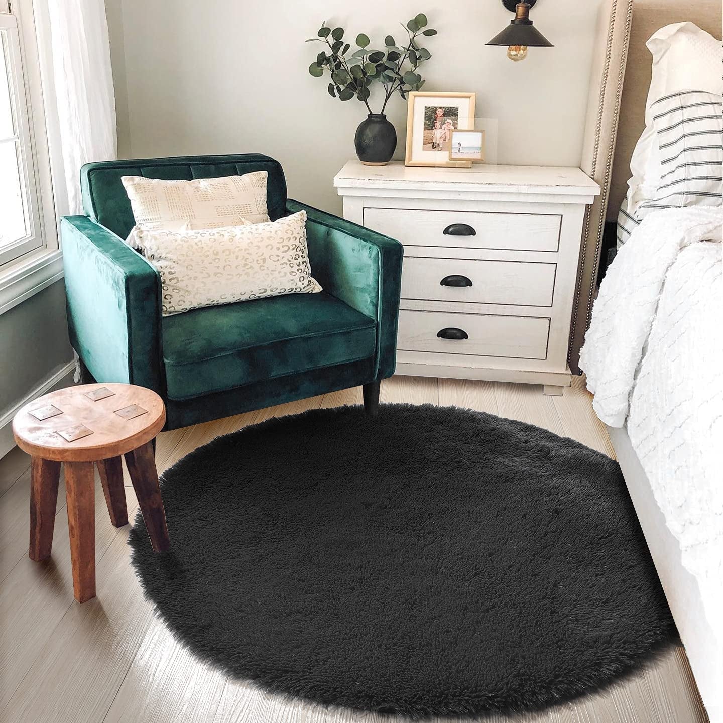 Fluffy Round/Circle Rug 4'X4' ,Black Furry Carpet for Teen'S Room,Shaggy Circular Fuzzy Plush Rug for Bedroom Kids Nursery Room, for Dorm,Black ,Cute Room Decor for Baby