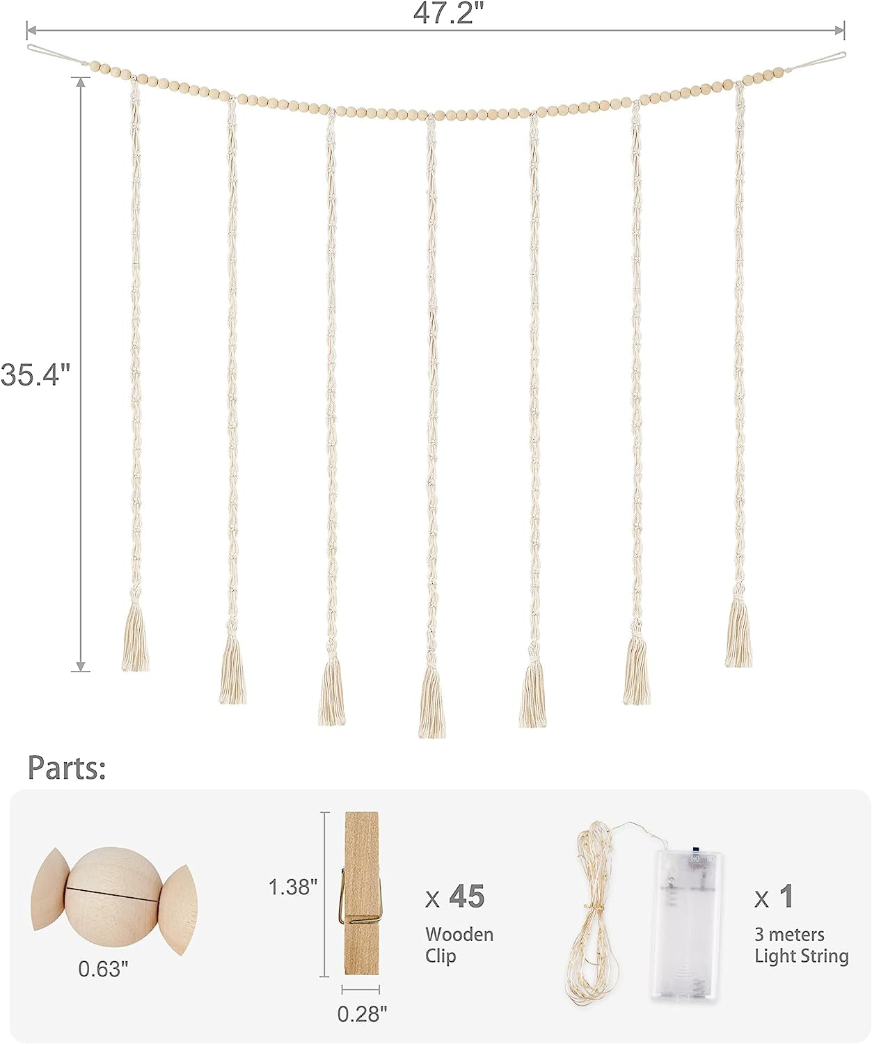 Macrame Hanging Photo Display Wall Decor with String Lights, Boho Wooden Beads Garland Collage Picture Card Frame Holder with 45 Clips for Bedroom Living Room Dorm, Teen Girl Teenage Gifts