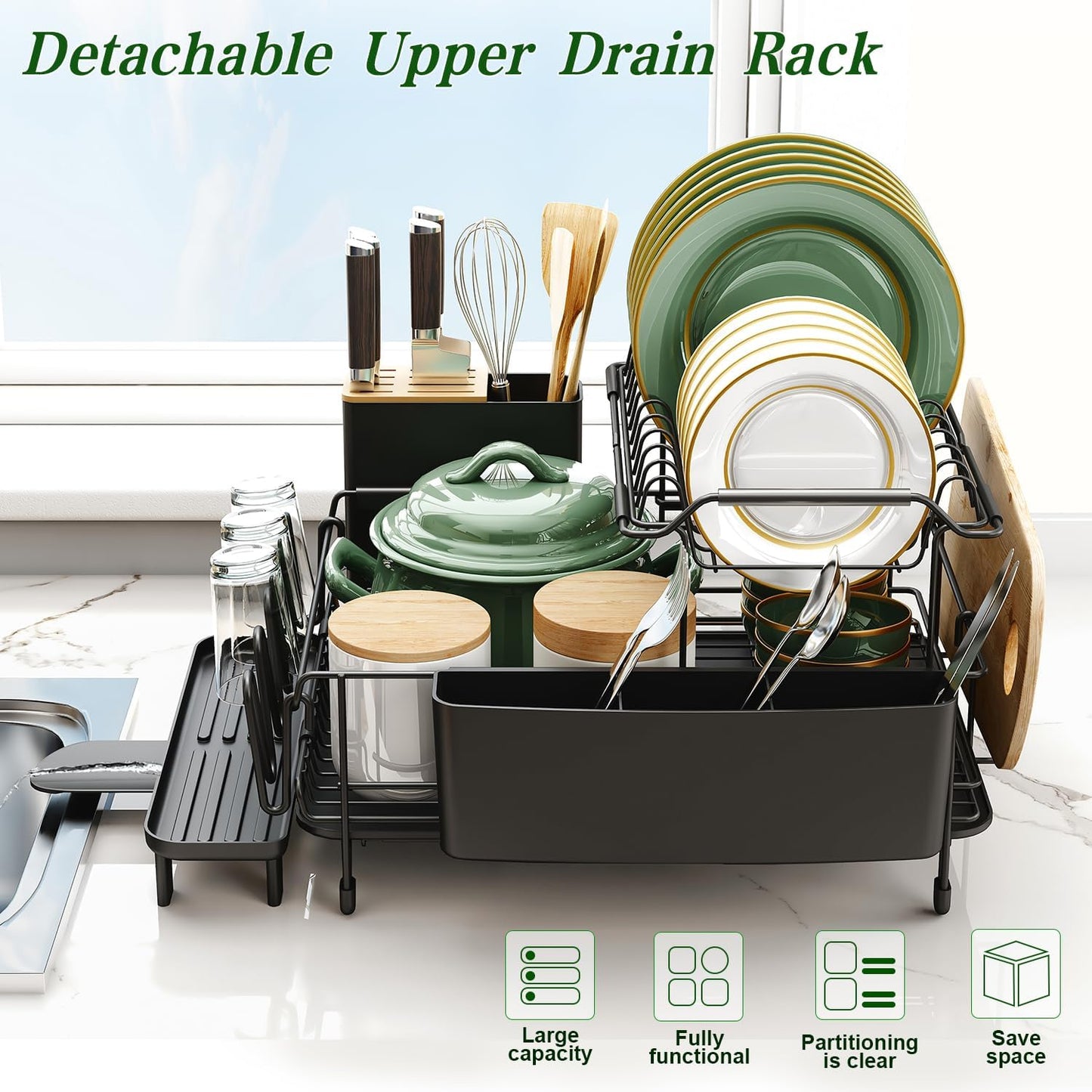Large Dish Drying Rack with Drainboard Set, Stainless Steel Detachable 2-In-1 Large-Capacity 2-Tier over the Sink Anti-Rust Dish Drying Rack and Dish Drainer for Kitchen Counter