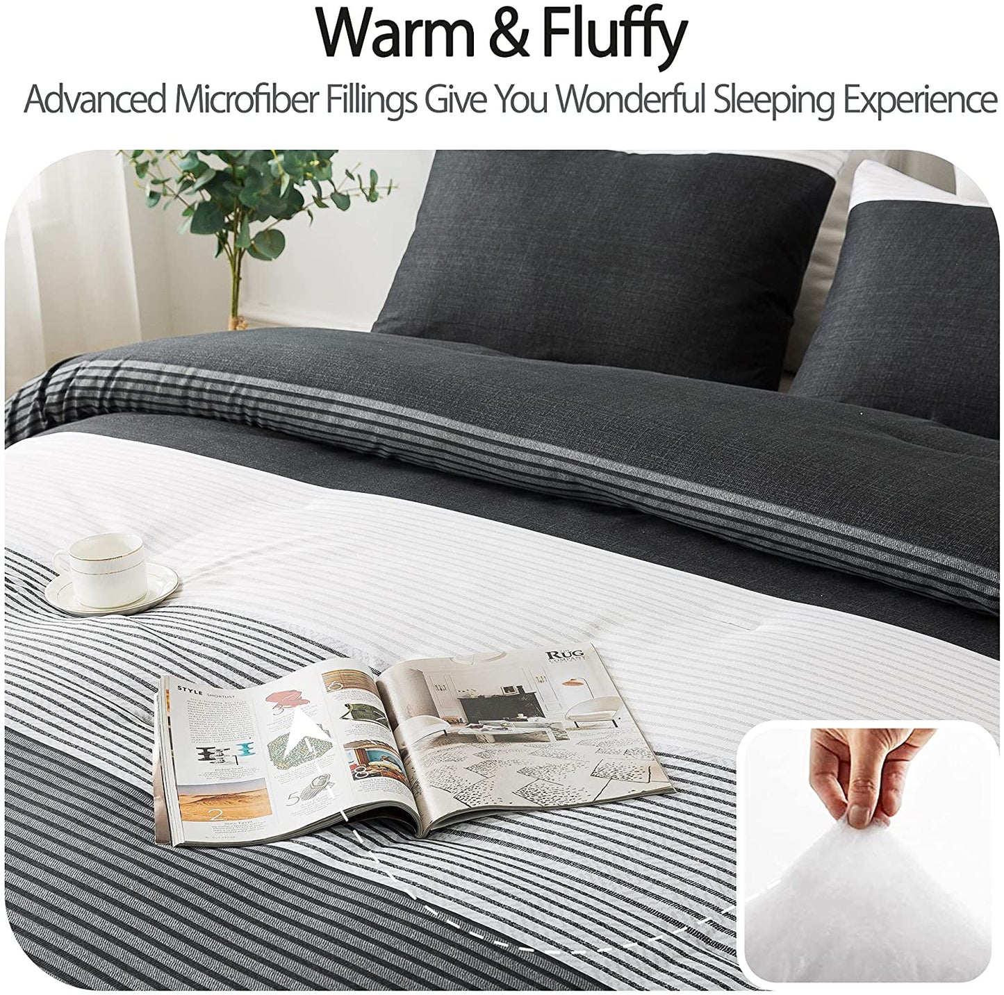 Black Comforter King Size, 3 Pieces Black White Gray Patchwork Striped Comforter (104X90 Inch), Soft Microfiber down Alternative King Comforter Bedding Sets with Corner Loops