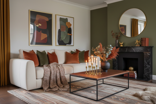 Warm, bold fall living room with layered pillows, rich colors, candlelight, and modern home decor