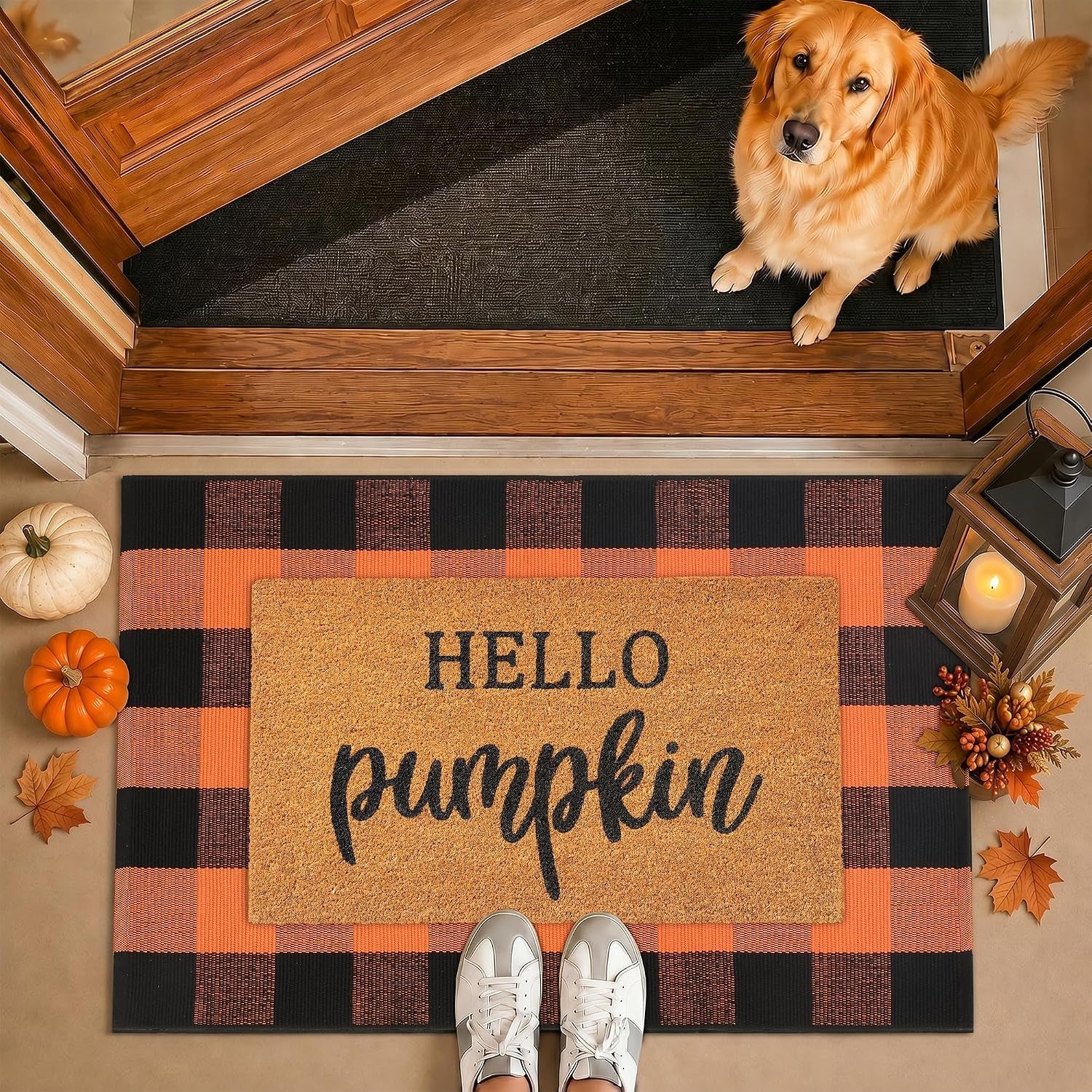 Fall Decor Door Mat Combo Set, 28 X 43 Inches Orange and Black Plaid Rug