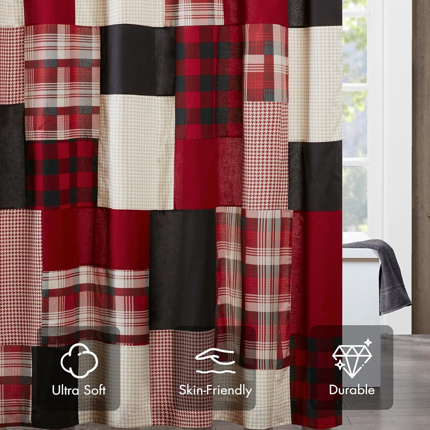 Sunset Cotton Shower Curtain, Plaid Lodge/Cabin Shower Curtains for Bathroom, 72 X 72, Red