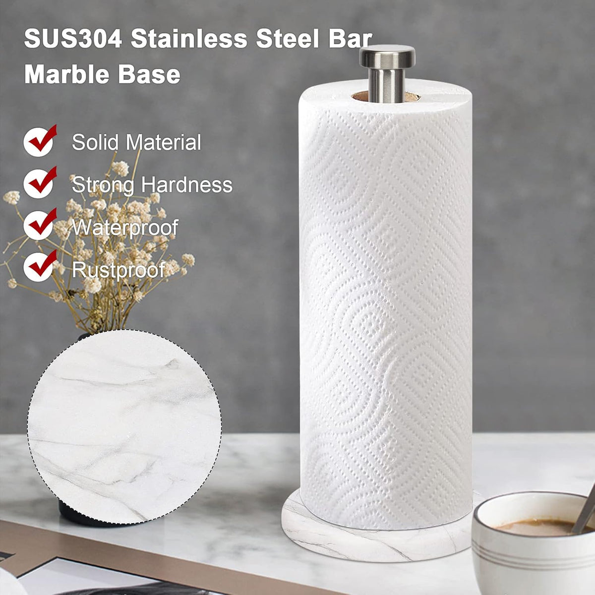 Standing Paper Towel Holder for Kitchen-Standard or Jumbo-Sized Roll Paper (With Marble Base, Brushed Nickel)