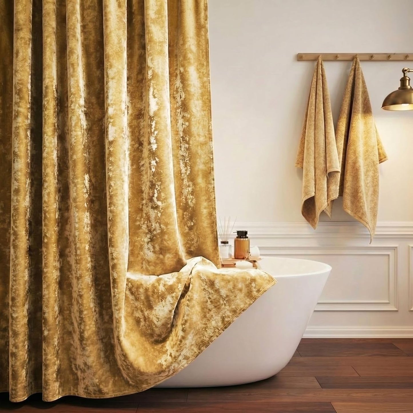 Mustard Gold Shower Curtain for Bathroom, Crushed Velvet Dark Mustard Yellow Shower Curtain, 72 X 72 Inches