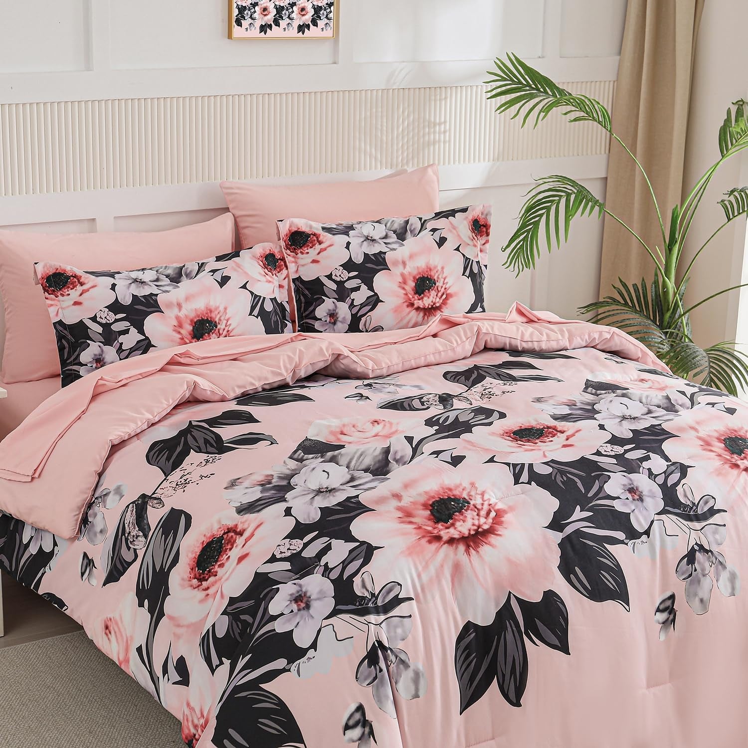 Queen Comforter Set 7 Piece Bed in a Bag, Pink Black Floral Botanical Pattern Blush Bedding Set, with Sheet Set, (Pink Black,Queen)