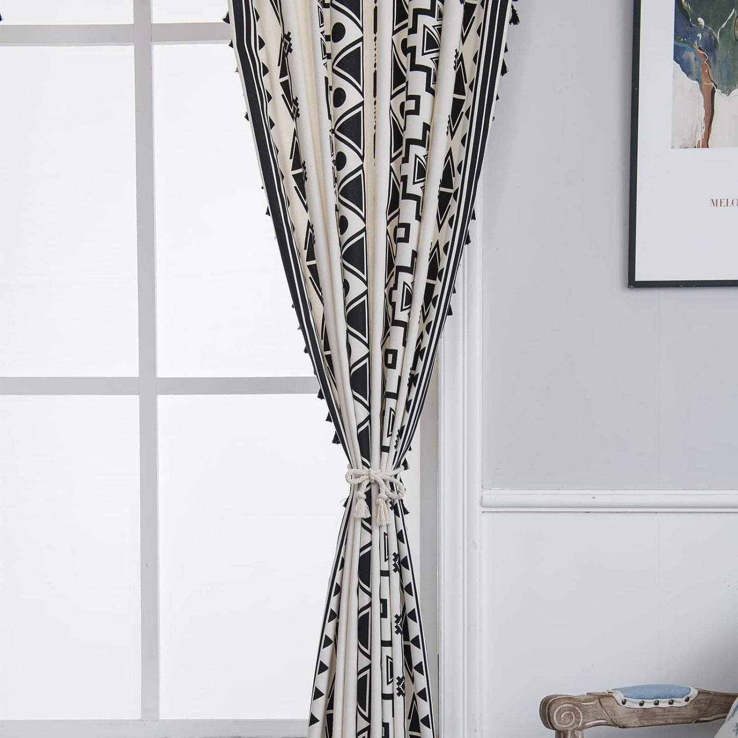 Black and White Boho Curtain 84 Inches Length for Bedroom, Printed Cotton Linen Geometric Rod Pocket Chic Semi Blackout Bohemian Tassels Window Treatment, 1 Panel 59" W X 84" L